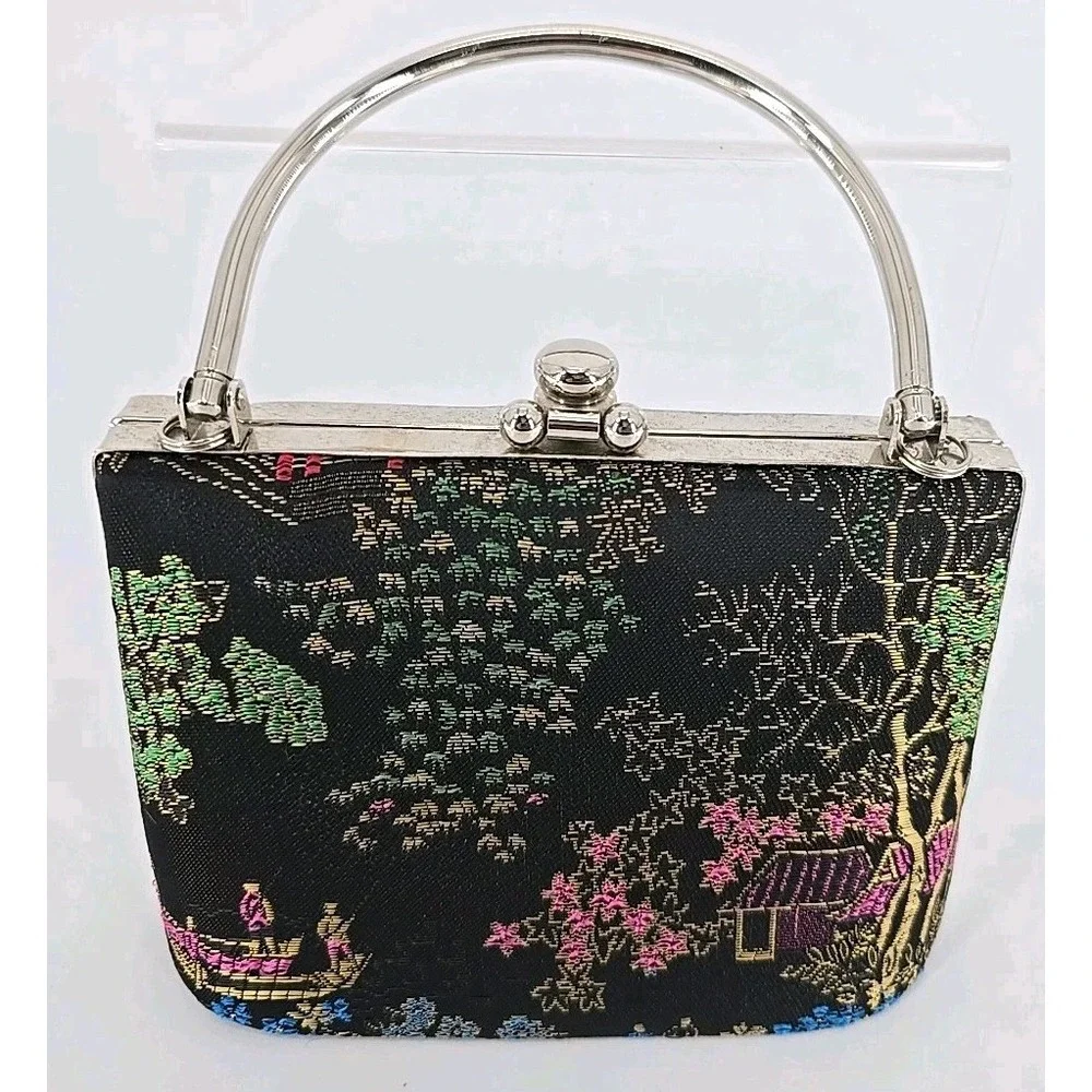 VINTAGE Purse Snap Lock Closure Needlepoint Tapestry Asia Print W/ Metal Details